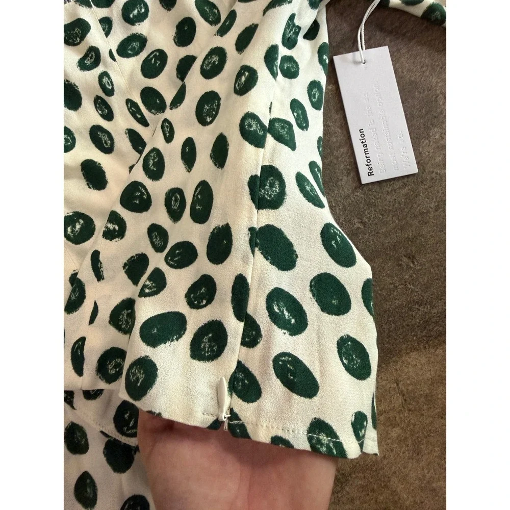 Reformation Calla Blouse in Tapioca Blouse 10 Ivory Green Polka Dot Puff Sleeve